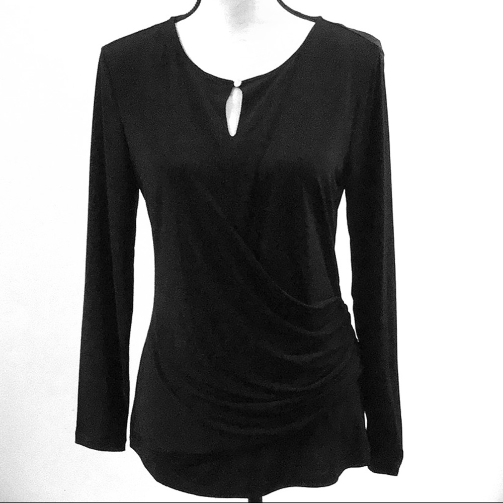 NWT Daisy Fuentes Faux Wrap Long Sleeve Black Top